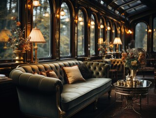 Velvet sofa inside a train car in the style of luxury, with a table and windows, light from lamps to illuminate. Generative AI