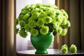 Canvas Print - Gorgeous vase filled with vibrant green chrysanthemums displayed elegantly on a table in a room.