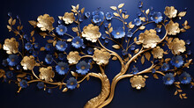 Elegant Gold And Royal Blue Floral Tree With Leaves And Flowers Hanging Branches Illustration Background. 3D Abstraction Wallpaper For Interior 
