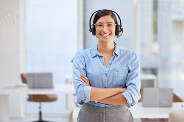 Wall Mural - Call center, woman portrait and arms crossed in office for virtual communication, business support or telecom. Happy agent, web advisor or young person in online consulting, agency and advice or chat