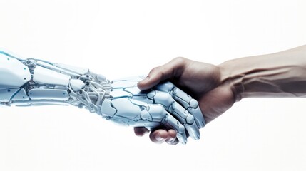 robot and man shaking hands, symbolizing cooperation between ai and humans.