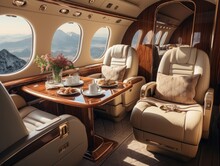 A Private Airplane With Beige Leather Seats And A Tray Table In The Style Of Modern Luxury, Overlooking The Sky Through A Window. Generative AI