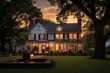 Gorgeous sunset illuminates a stunning house designed in a charming colonial architectural style.