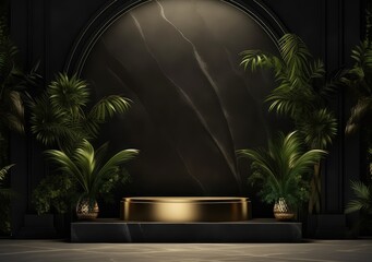 Wall Mural - black and gold with leaf stage podium for products decoration suitable. AI Generative.