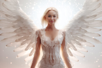 Caucasian girl angel is believed to possess supernatural powers, exuding an aura of serenity and wisdom, captured in this silver beige and white artwork by Generative AI.