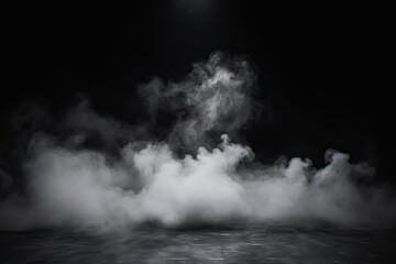  Studio show with white smoke on black background. Abstract backdrop. Modern and classic style.  Product presentation with copy space