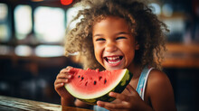Illustration Of A Young Girl Eating A Watermelon