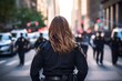 © Kaleb - Female police officer seen from behind in busy American city street, US female police officer, Generative AI