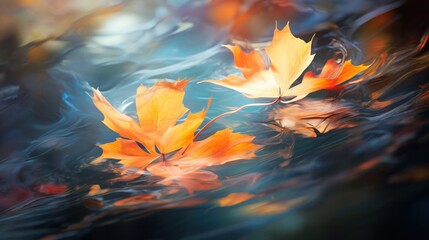 Wall Mural - Close up maple leaf fallen in puddle during autumn.