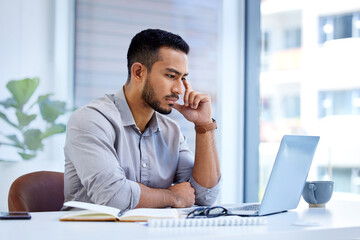 Aufkleber - Technology, businessman with laptop and at his desk in office at workplace with a lens flare. Connectivity or social networking, online and male person reading an email or report at his workspace