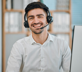Wall Mural - Consultant, happy man and portrait of agent in call center for customer service, lead generation or CRM support. Face of salesman with microphone for telemarketing, telecom advisory or FAQ questions