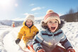 © mila103 - Two adorable little sisters having fun on a sled in the winter park. Generative AI