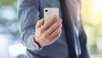 Poster - Business man, hands and search phone with social network, mobile website and internet contact. Closeup, entrepreneur and worker with smartphone, reading corporate news app and typing information