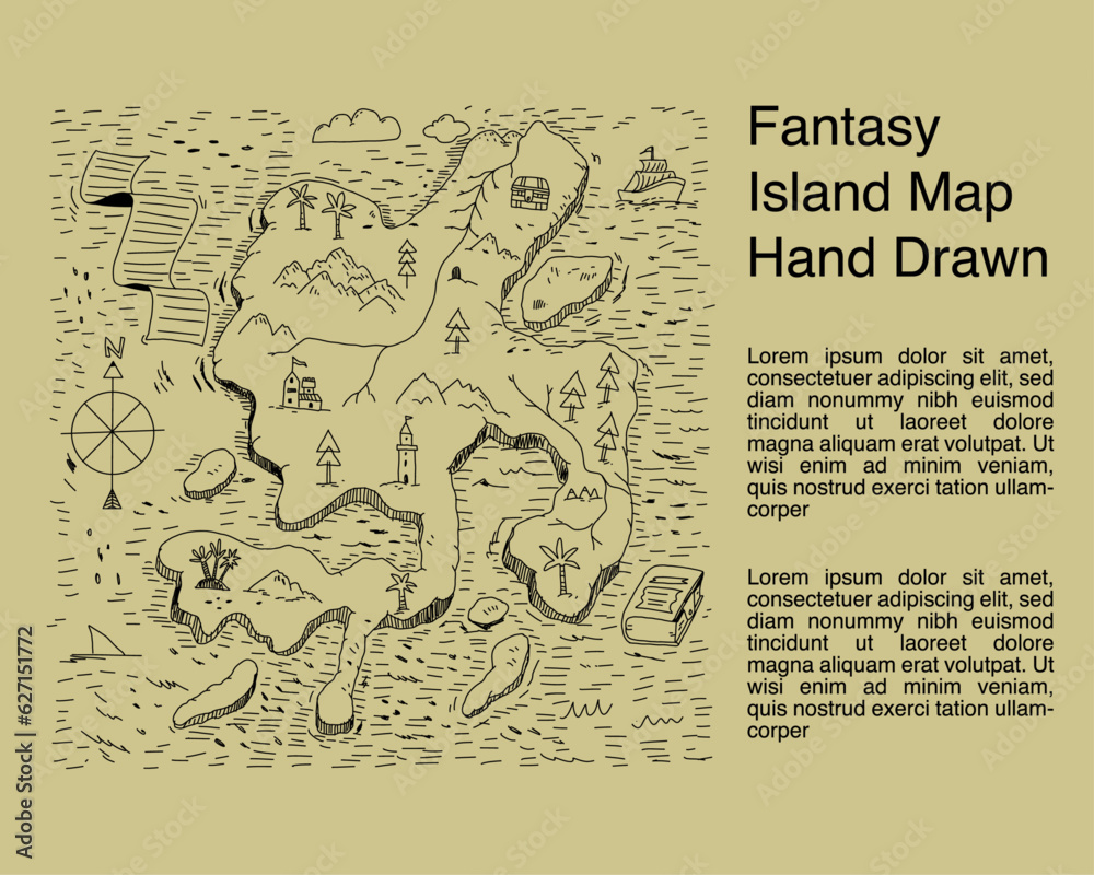 Fantasy island map hand drawn Illustration Stock Vector | Adobe Stock