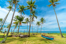Beautiful Tropical Beach With Fisherman Village, Coconut Palm Tree And Blue Sky..