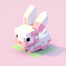 3D Isometric Voxel Pixel Art Comic Drawing Style Pink Rabbit, Bunny Animal Cartoon Character. AI Generative