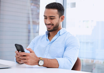 Poster - Smile, phone and search with business man in office for technology, communication and networking. Contact, connection and internet with male employee browsing online for technology and social media