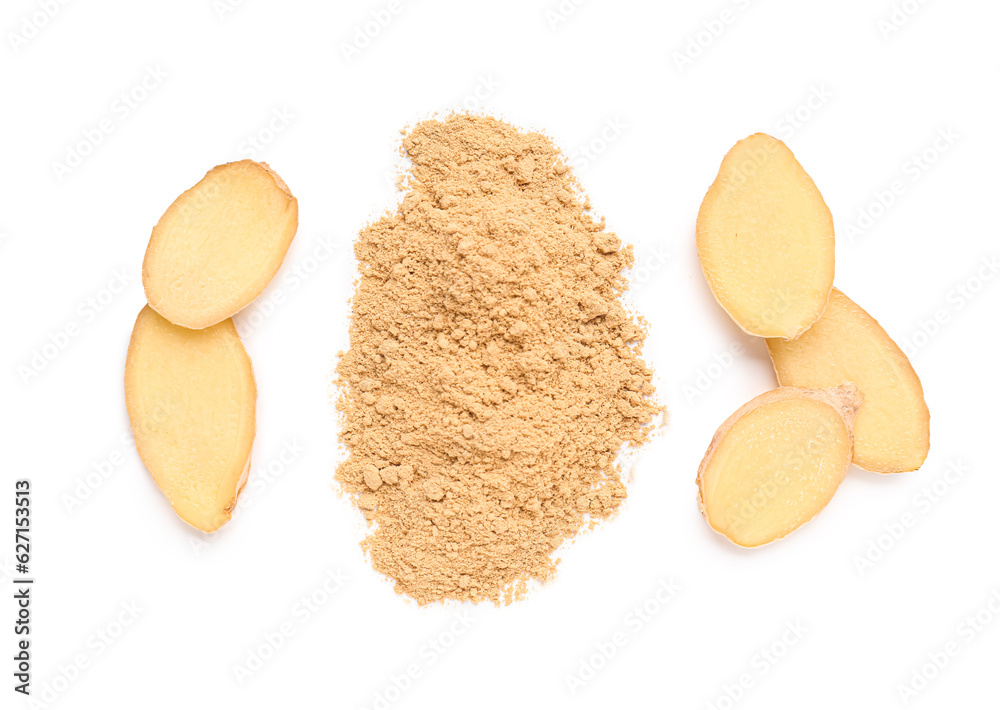 Slices of fresh ginger root and dried powder on white background