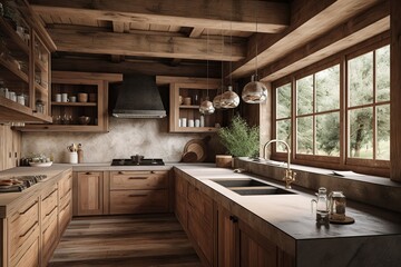 Wall Mural - rustic kitchen room with wooden. Generative AI