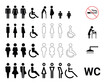 Toilet or WC icon set. Men, Women, Ladyboys, Old people, Pregnant and Handicapped. Line and solid symbols. New concept art and modern design.