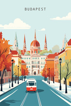Hungary Budapest City Street View Retro Poster With Abstract Shapes Of Landmarks, Houses And Old Bus. Vintage Eastern Europe Travel Vector Illustration
