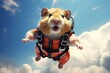 © Sergio - Screaming funny hamster skydiver in the sky, cute fluffy pet with a parachute flying in the air. Animal humorous illustration
