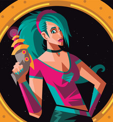 science fiction woman with a ray gun in spaceship