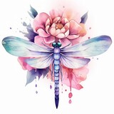 Fototapeta Motyle - Dragonfly Flower Watercolor Clipart, Watercolor Dragonfly Flower, Generated by AI