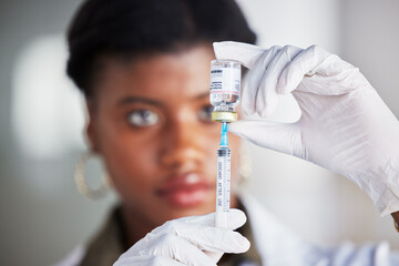 Wall Mural - Vaccine vial, needle and doctor for safety, healthcare and pharmaceutical medicine. Closeup, hands of woman and prepare vaccination, virus injection and bottle for immunity, medical drugs or smallpox