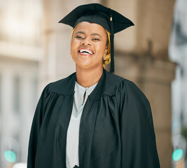 Wall Mural - University graduate, portrait and happy black woman with school success, college education achievement or happiness. Campus study, goals accomplishment and African student smile for learning degree