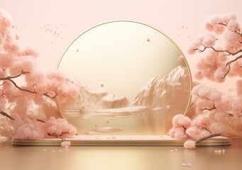 Wall Mural - Cherry blossom Sakura flower branch, pink product background with stand, podium pedestal. AI Generative