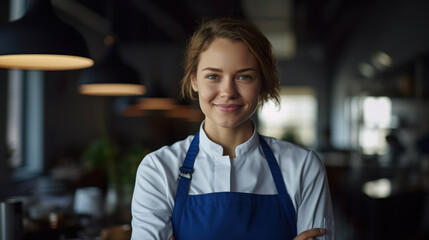 Wall Mural - Portrait of female waitress in blue apron at café and restaurant.