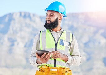 Canvas Print - Black man, architect and thinking with tablet in city for construction planning, vision or rooftop installation. African male person, engineer or contractor with technology in wonder for architecture