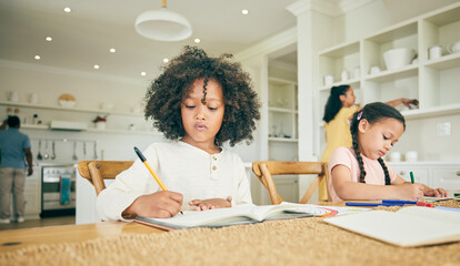 Poster - Children, writing and learning with homework in family home with book, pen or focus for development at desk. Young kids together, drawing or thinking for assessment, homeschool and education in house