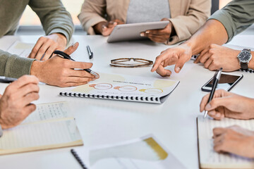 Poster - Meeting, planning or hands on documents for tax audit report or financial statement in company. Accounting, business people or closeup of strategy for finance paperwork, logistics or data analysis