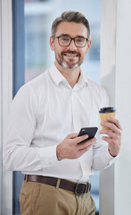 Poster - Phone, coffee and portrait of business man in communication, chat and corporate networking or planning. Professional entrepreneur, CEO or senior person on mobile app, internet or connection in office