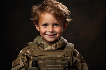 Canvas Print - Portrait of a cute little boy in military uniform on dark background.Generative Ai