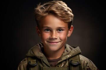 Canvas Print - Portrait of a cute little boy in military uniform on dark background.Generative Ai