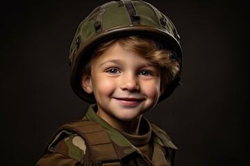 Canvas Print - Portrait of a cute little boy in military uniform on dark background.Generative Ai