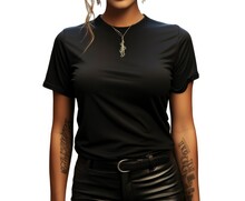 Beautiful Young Woman Wearing A Black Casual T-shirt. Front View Of A Mockup T-shirt For Design Print, Generative AI