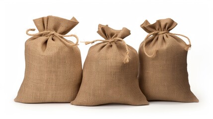 Textile - three burlap sacks isolated on white background with empty space