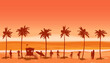 Beach landscape with Lifeguard Station, people on vacation. Palms, sea, ocean, coast view, sunset