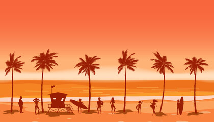 Wall Mural - Beach landscape with Lifeguard Station, people on vacation. Palms, sea, ocean, coast view, sunset