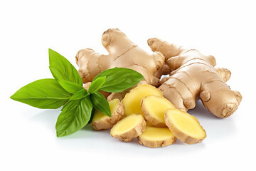 Wall Mural - Fresh ginger root sliced ​​with green leaves, Ginger rhizome isolated on white background , Created with Generative Ai Technology