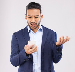 Poster - Phone, fail and asian man in studio confused with scam, alert or internet glitch on grey background. Stress, smartphone and online problem for Japanese guy angry by spam, phishing or 404 error crisis