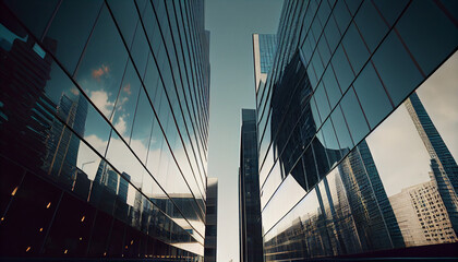 Wall Mural - Reflective skyscrapers, business office buildings,  view of the city Ai generated image