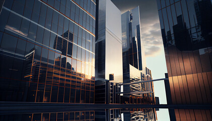 Wall Mural - Reflective skyscrapers, business office buildings,  view of the city Ai generated image