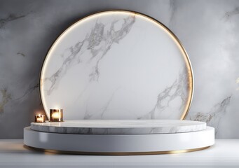 white 3d podium with marble texture and golden elements. empty stage or pedestal mockup illuminated 
