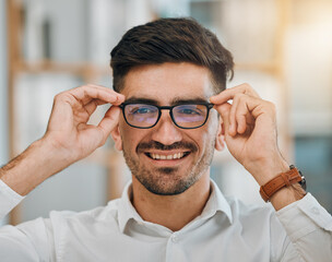 Wall Mural - Portrait, business and man with glasses, smile and clear vision with confidence, career goals and happiness. Face, male person and professional with eyewear, spectacles and looking with sight and see