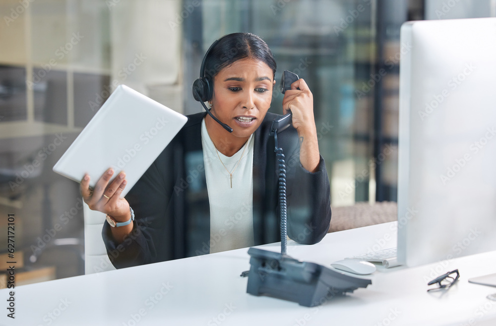 Stress, telephone and phone call with business woman in office for ...